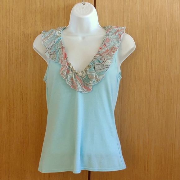 Trina Turk Tops - Trina Turk SZ S Slvless Blue With Ruffled Neckline